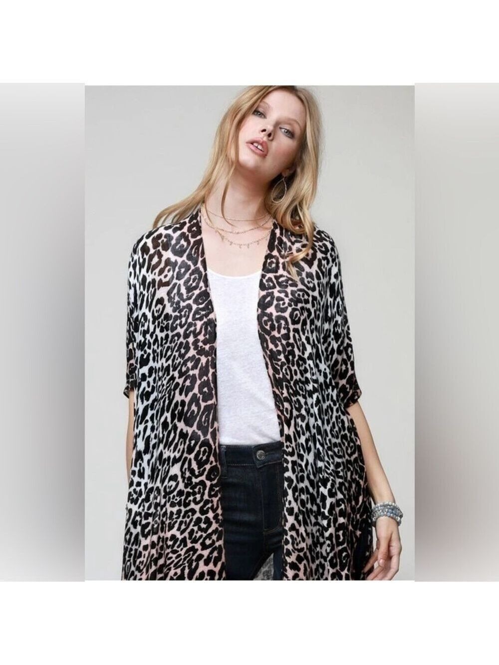 Angie Women’s Kimono One Size Black, Tan & Pink Leopard